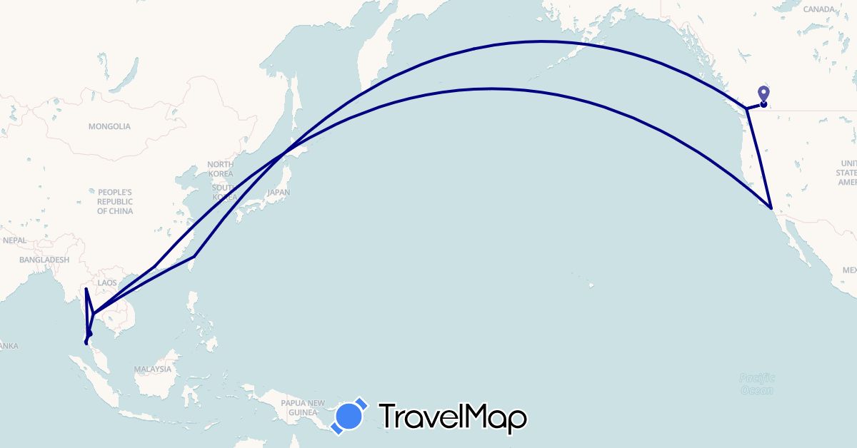 TravelMap itinerary: driving in Canada, China, Thailand, Taiwan, United States (Asia, North America)
